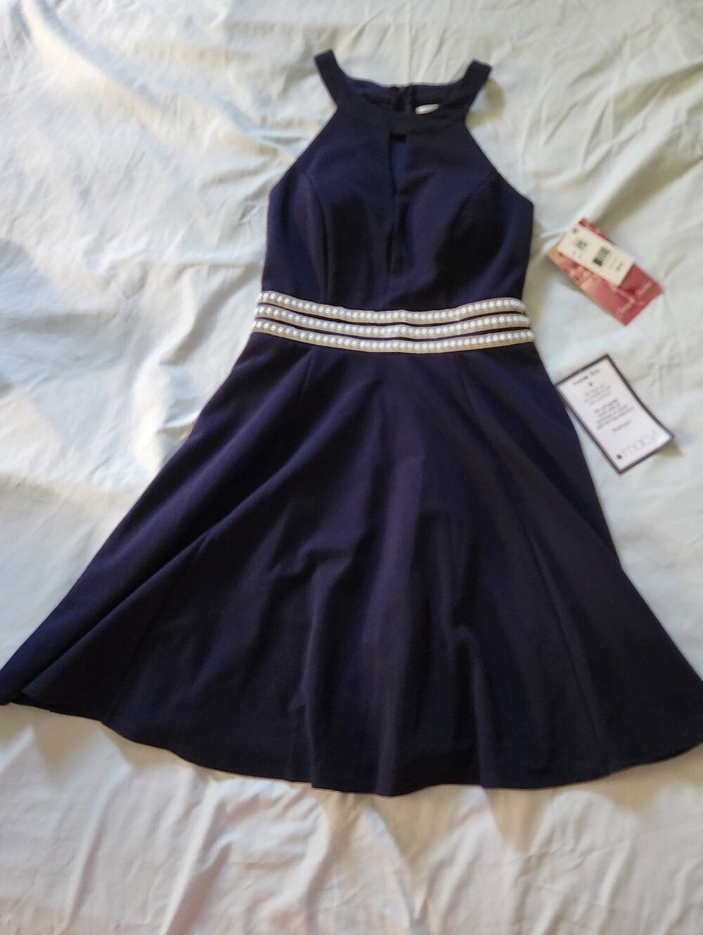Navy Halter Fit-and-Flare Dress with Embellished Waist